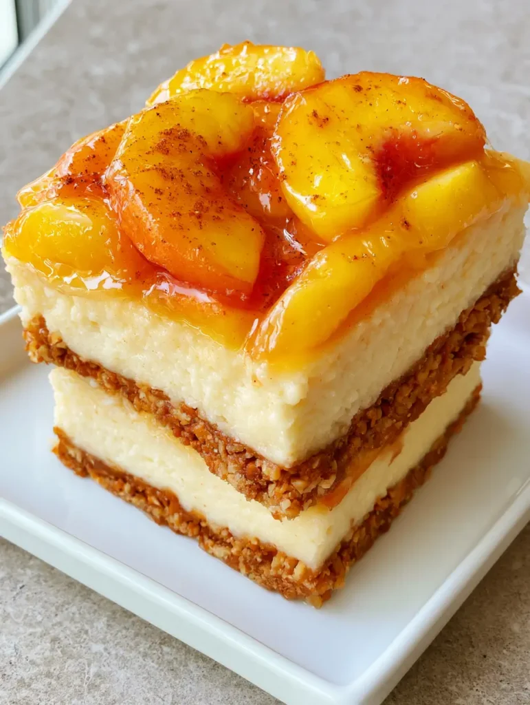 Slices of Peaches and Cream Cheesecake Bars showcasing the contrast between the ivory cheesecake and golden-brown pretzel crust.