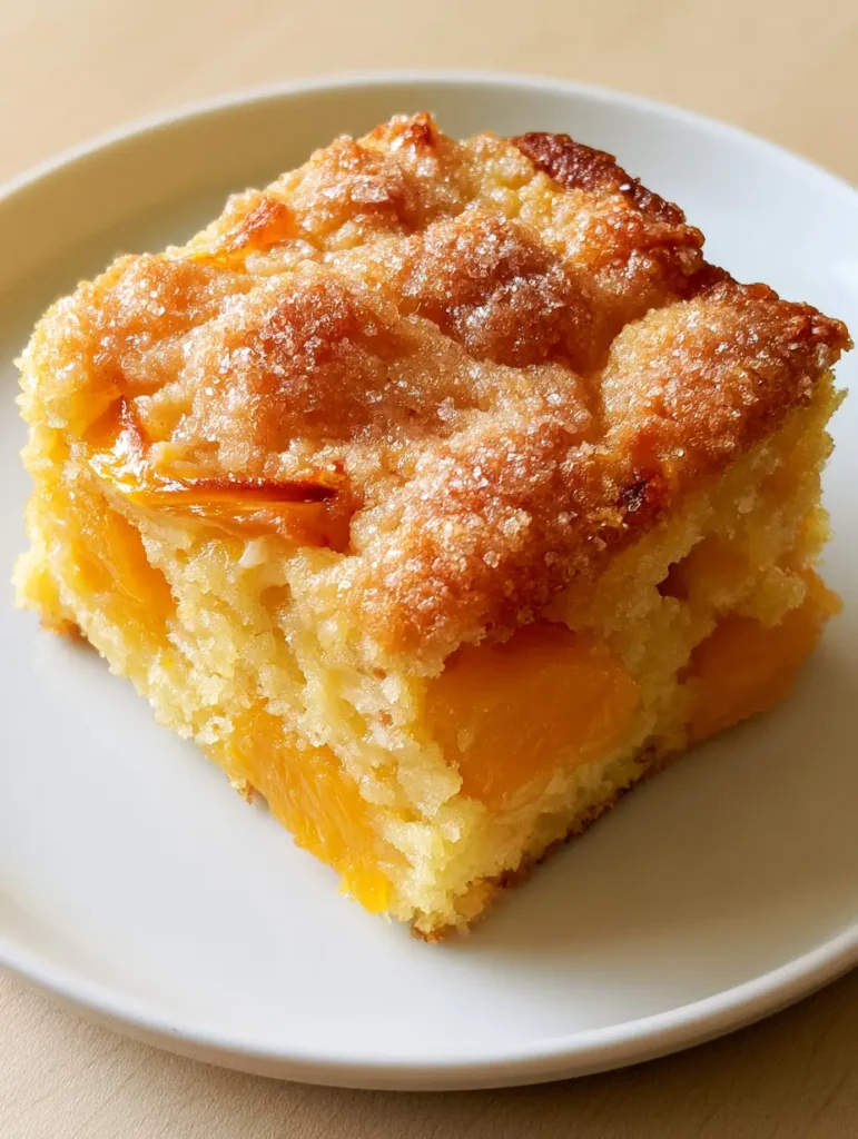 Top view of the rustic golden-brown cobbler topping with sparkling granulated sugar and peach slivers.