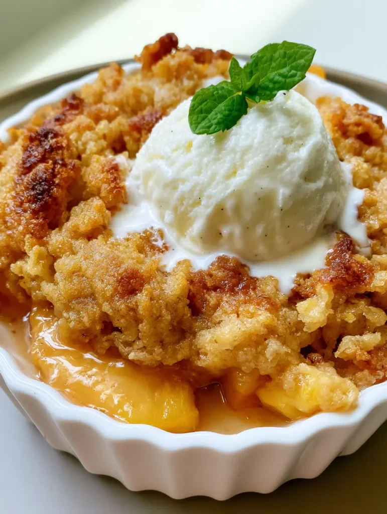 Sliced tender peaches coated in a glossy light amber syrup inside a white ceramic ramekin. (Easy Peach Crisp)