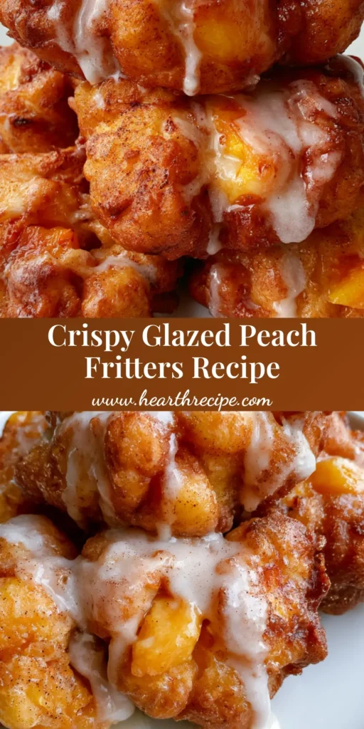 A pile of golden-brown peach fritters on a white ceramic plate, featuring visible chunks of orange peaches and a thick sugar glaze. (Peach Fritters Recipe)