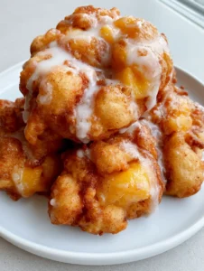 Close-up of a Peach Fritters Recipe showing the craggy, irregular texture and cinnamon specks in the batter. (Peach Fritters Recipe)