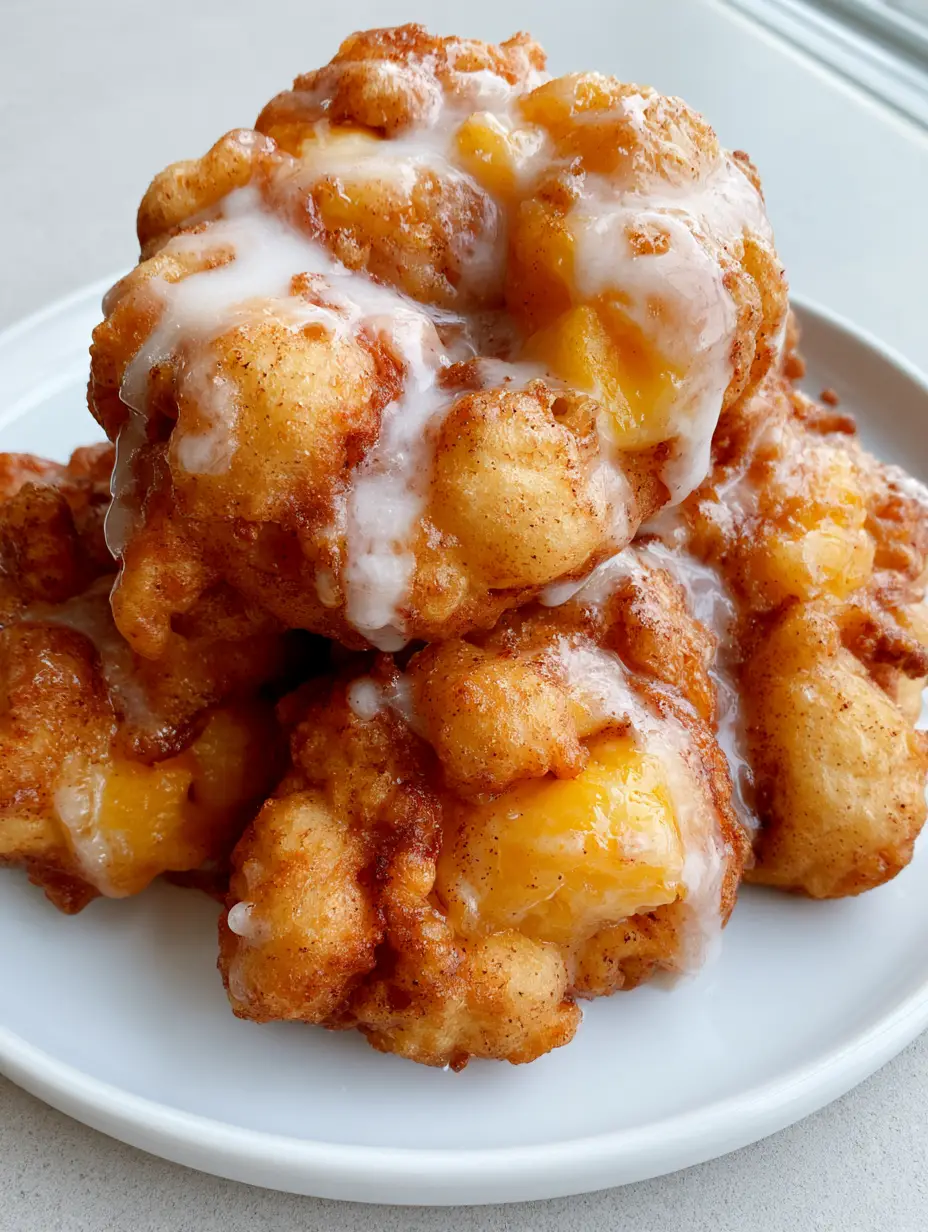 Close-up of a Peach Fritters Recipe showing the craggy, irregular texture and cinnamon specks in the batter. (Peach Fritters Recipe)