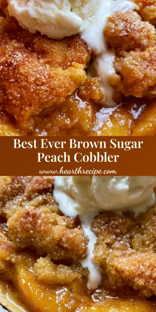 A handheld smartphone photo of a brown sugar peach cobbler in a white ceramic baking dish with a crystalline sugar crust and melting vanilla ice cream.