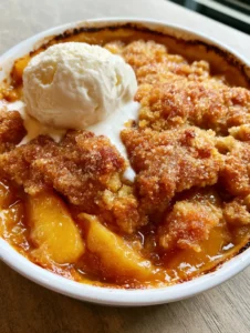 Close-up of golden-brown sugar crumble crust on a peach cobbler with buttery pockets visible. (Brown Sugar Peach Cobbler)
