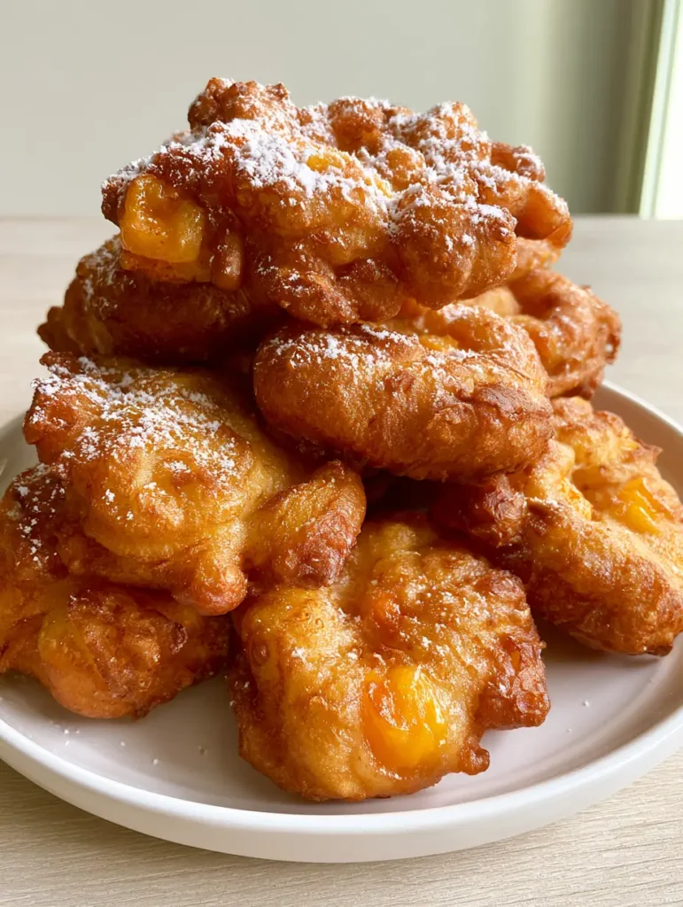 A stack of crispy Canned Peach Fritters on a white plate in natural window light, highlighting the soft doughy center and golden crust.