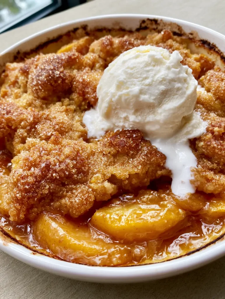 Thick tender peaches bubbling in a viscous translucent amber-colored syrup in a white ceramic dish.