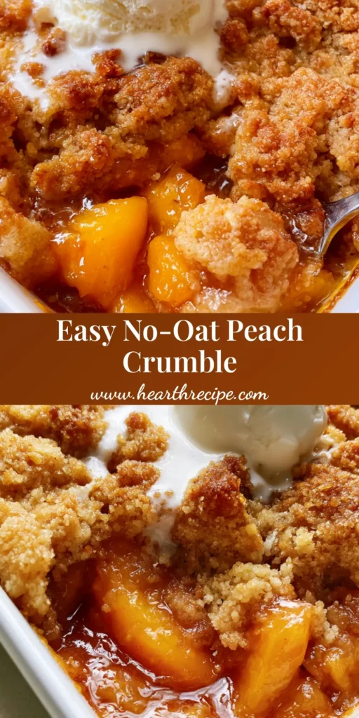 Peach Crumble Recipe: The Ultimate Guide to Jammy Fruit and Golden Buttery Crumbs 4 A close-up of a freshly baked Peach Crumble Recipe in a white ceramic dish with a scoop of melting vanilla ice cream and bubbling amber syrup.