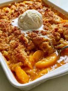 Angled shot of a Peach Crumble Recipe showing the clear division between the crunchy golden topping and the jammy peach base.