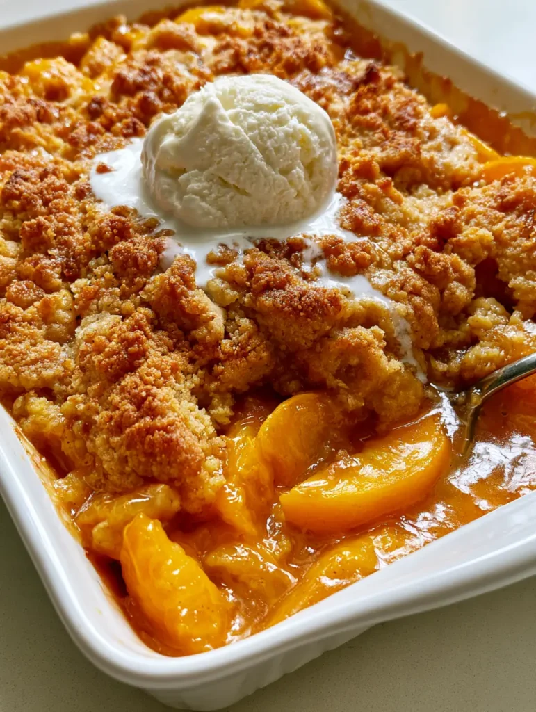 Peach Crumble Recipe: The Ultimate Guide to Jammy Fruit and Golden Buttery Crumbs 2 Angled shot of a Peach Crumble Recipe showing the clear division between the crunchy golden topping and the jammy peach base.
