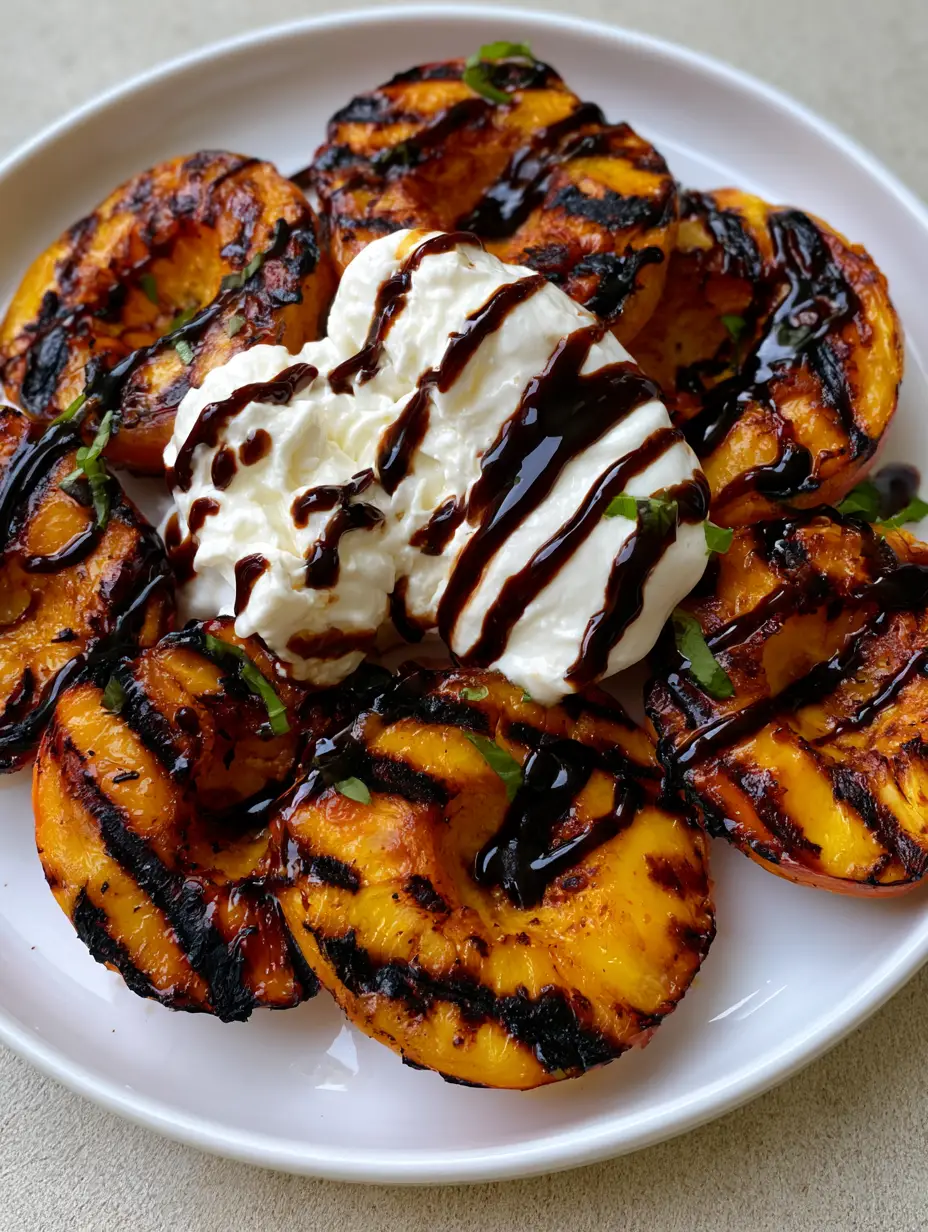 Smartphone photo of grilled peach halves on a white plate with burrata and basil. (Fresh Peach Recipes)