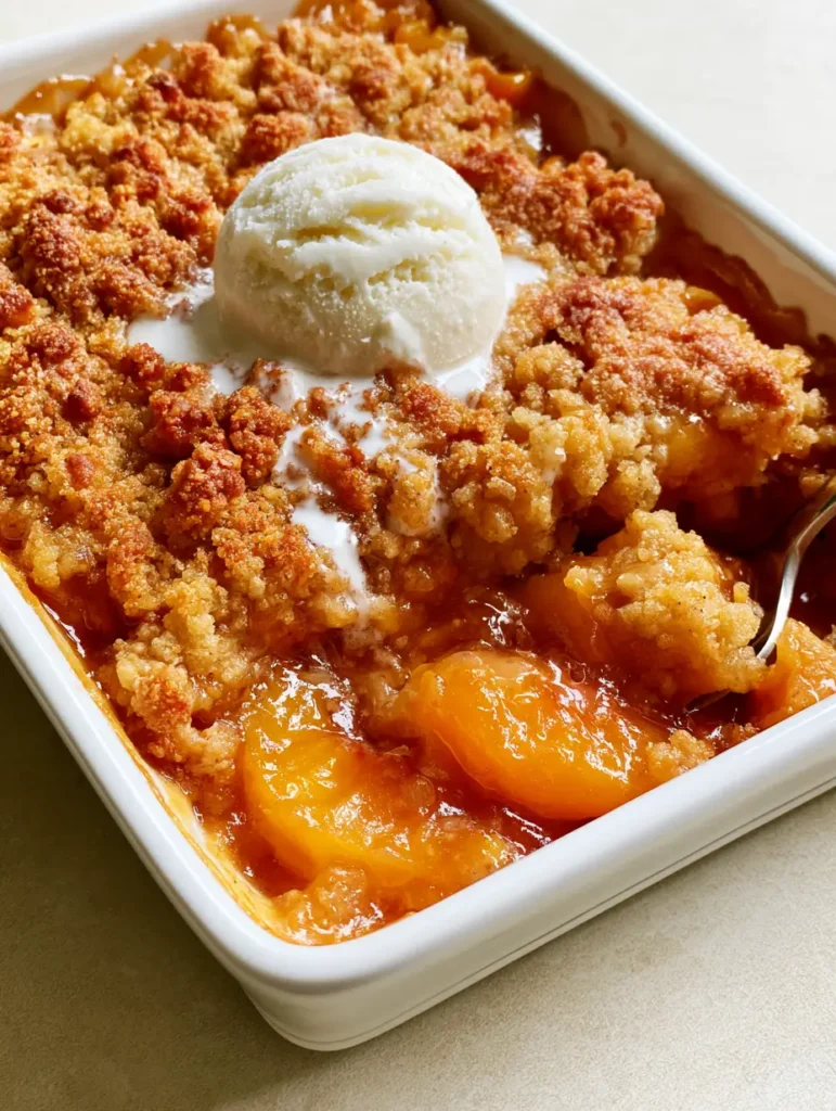 Peach Crumble Recipe: The Ultimate Guide to Jammy Fruit and Golden Buttery Crumbs 1 Close-up of melting vanilla ice cream on a warm Peach Crumble Recipe with amber fruit syrup bubbling underneath.