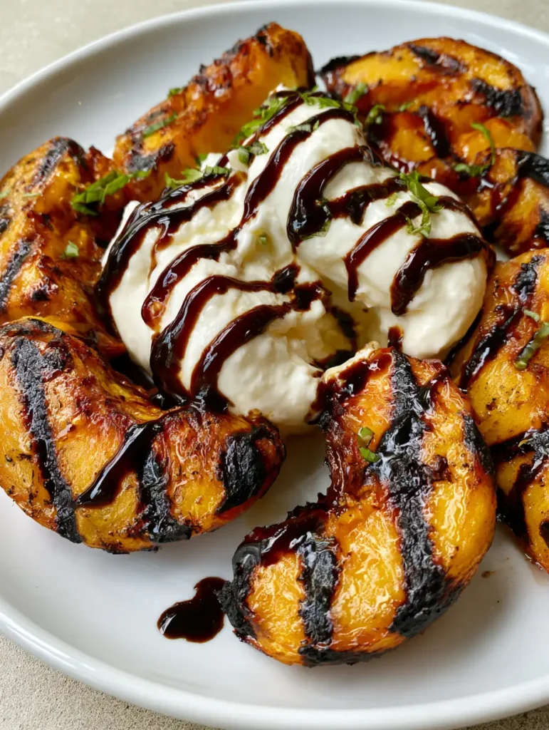 Top down view of grilled peaches with thick balsamic glaze and torn burrata cheese.