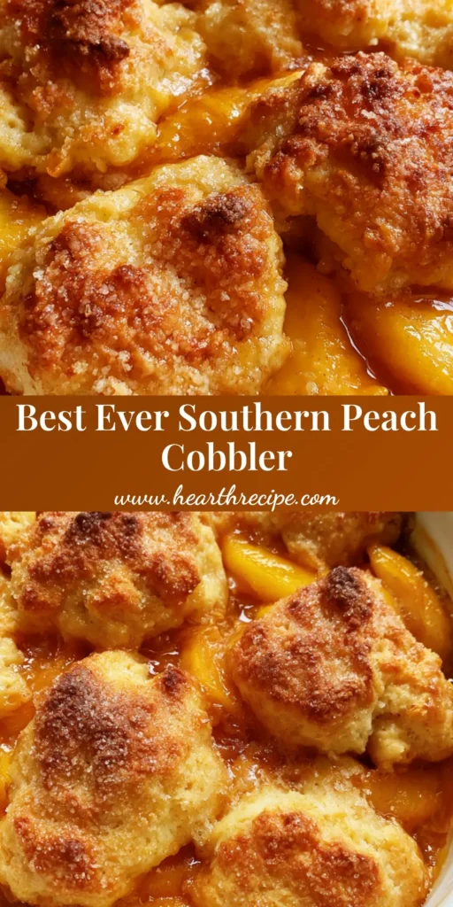 A top-down view of Southern Peach Cobbler in a white ceramic dish with toasted buttermilk biscuits and bubbling amber syrup.