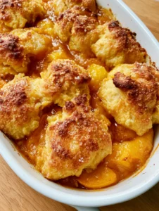 Close up of syrupy yellow peaches bubbling under a golden-brown biscuit crust in a Southern Peach Cobbler.