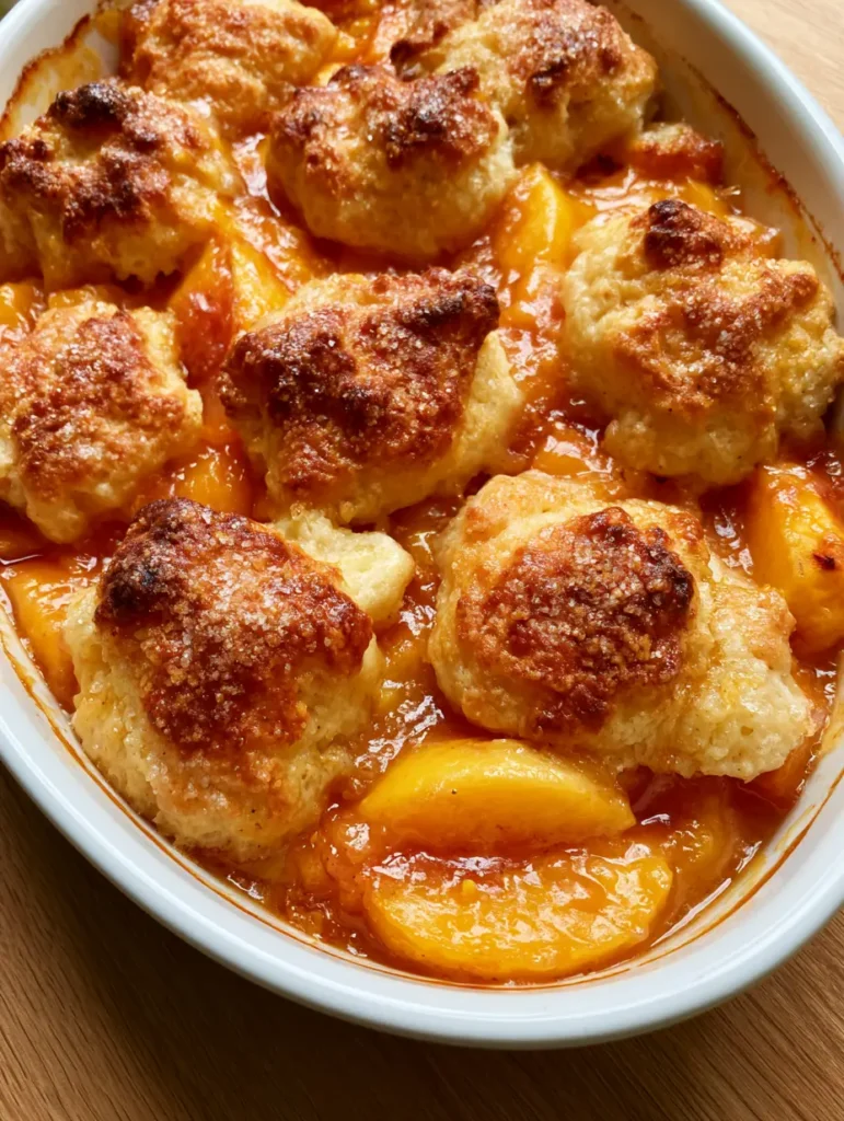 Rustic dollops of toasted buttermilk biscuits topped with coarse sugar granules on a Southern Peach Cobbler.