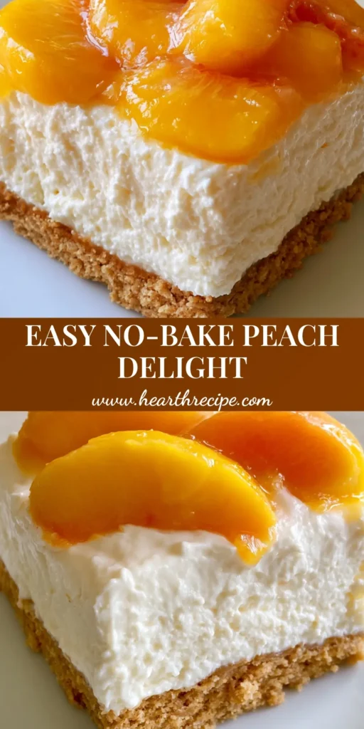 A square slice of No-Bake Peach Delight with a thick graham cracker crust, white cream cheese filling, and glistening peach slices on a white plate. (No-Bake Peach Delight)