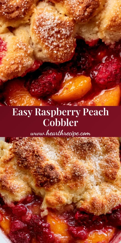 Top-down view of a Raspberry Peach Cobbler in a white ceramic dish featuring golden biscuit crust and bubbling red fruit juices.