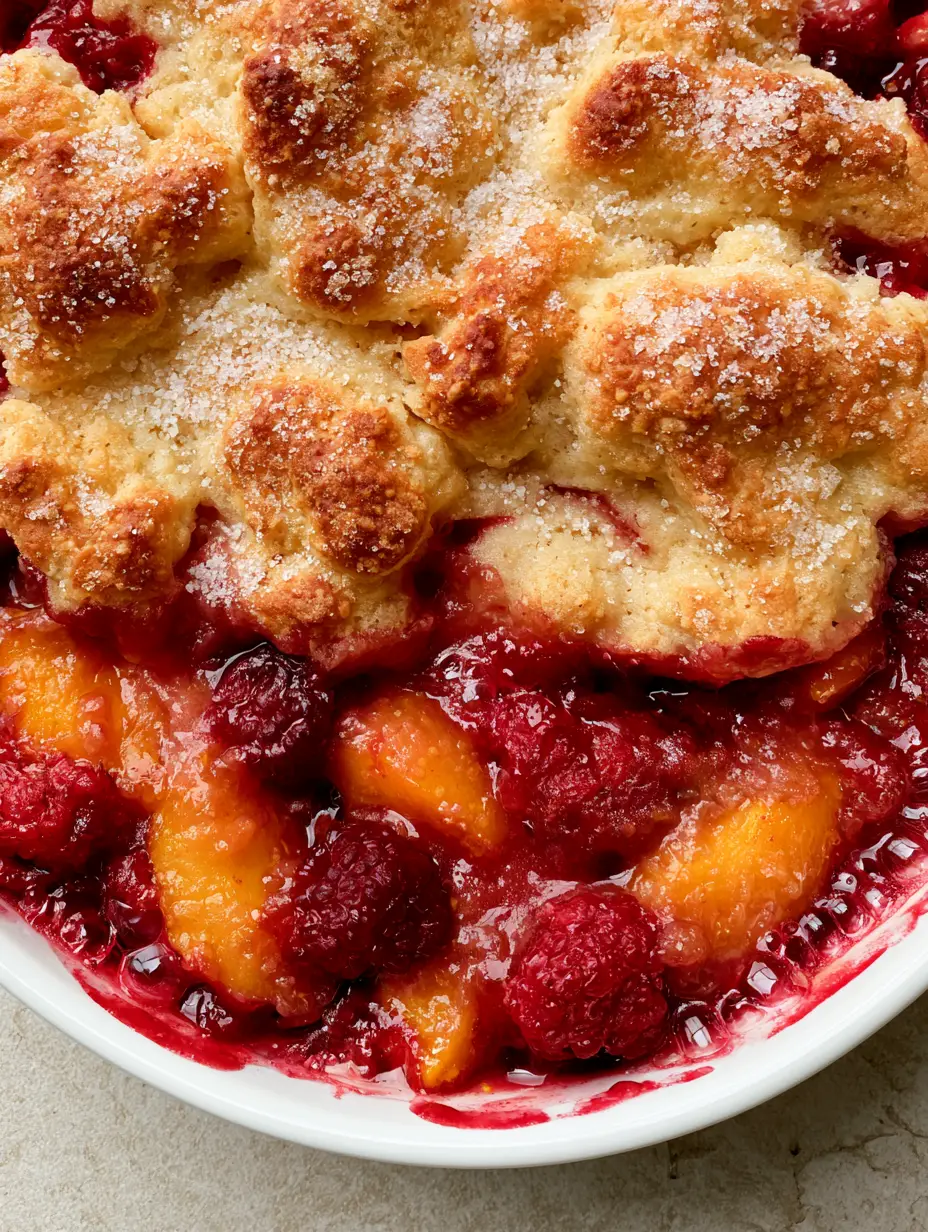 Close-up of burst raspberries and softened orange peach slices in a thick fruit glaze. (Raspberry Peach Cobbler)