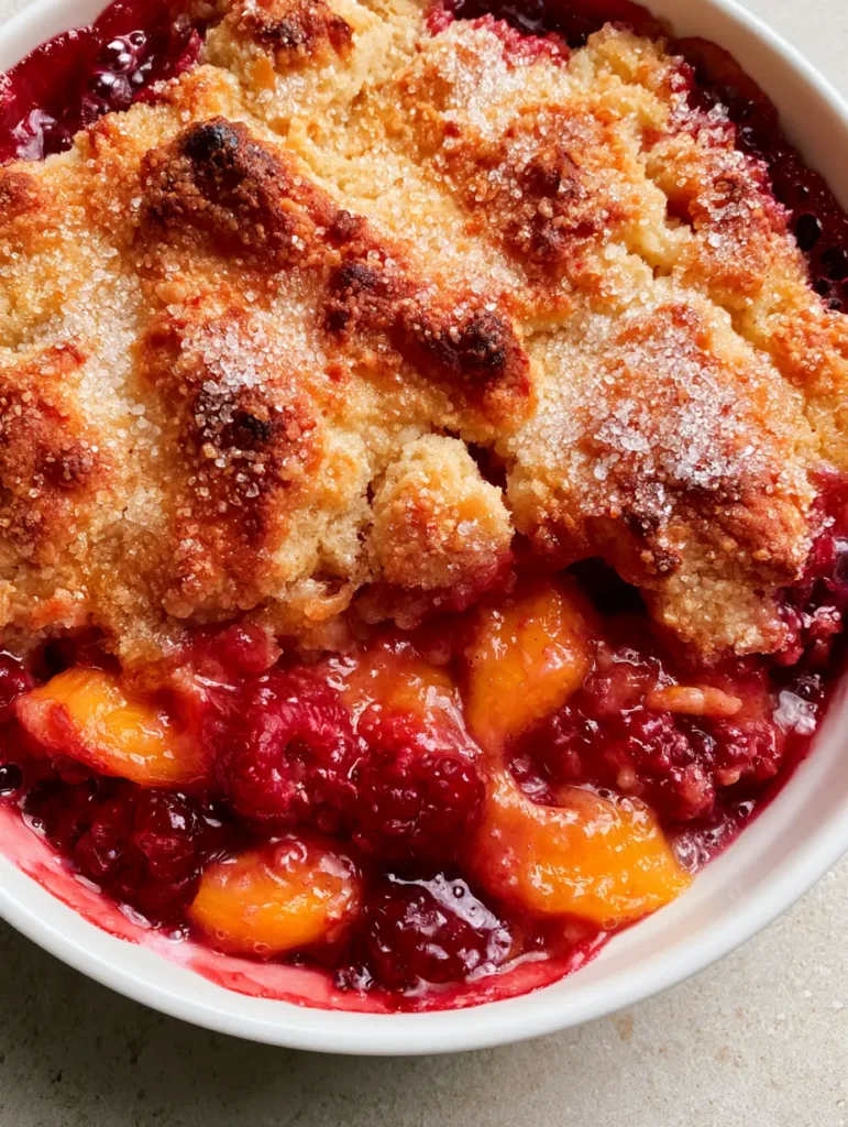 Detailed shot of the toasted biscuit crust with visible sparkling sugar granules on top of a Raspberry Peach Cobbler.