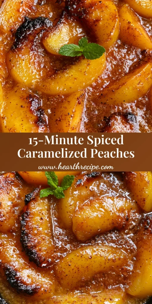 A top-down smartphone photo of Caramelized Peaches in a black cast iron skillet with bubbling amber sauce and a mint garnish.