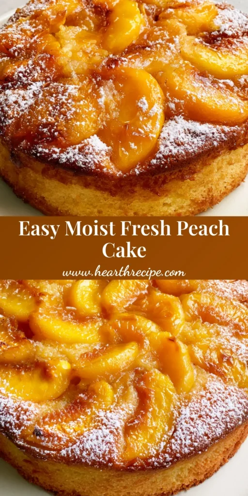 Fresh Peach Cake Recipe: A Rustic Summer Sponge with Caramelized Peaches 4 A rustic, single-layer Fresh Peach Cake Recipe on a white plate with caramelized peach slices and powdered sugar dusting.