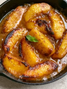 Close-up of Caramelized Peaches showing dark golden-brown charred edges and translucent fruit slices.