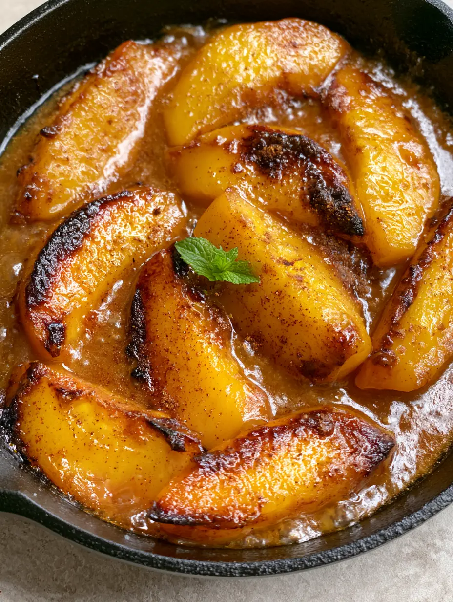Close-up of Caramelized Peaches showing dark golden-brown charred edges and translucent fruit slices.