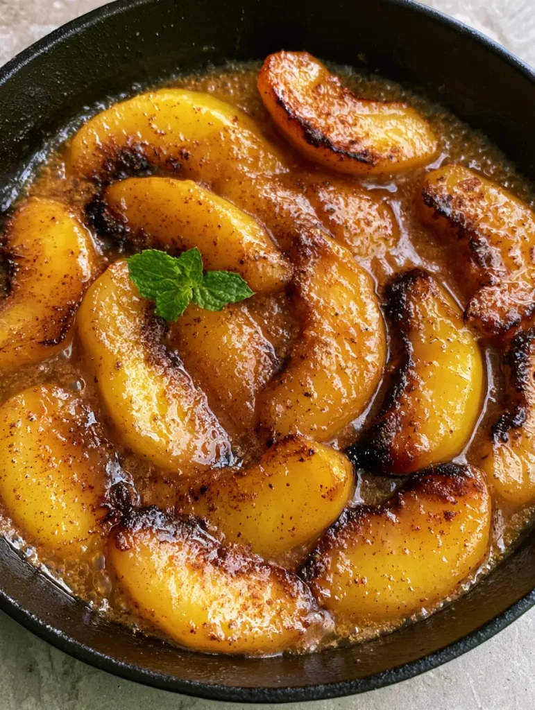 Top-down view of yellow peach slices submerged in a thick bubbling amber caramel sauce in a cast iron pan.