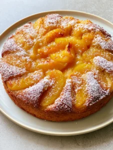 Overhead view of a Fresh Peach Cake Recipe with glistening orange-yellow juices and a fluffy sponge cake foundation.