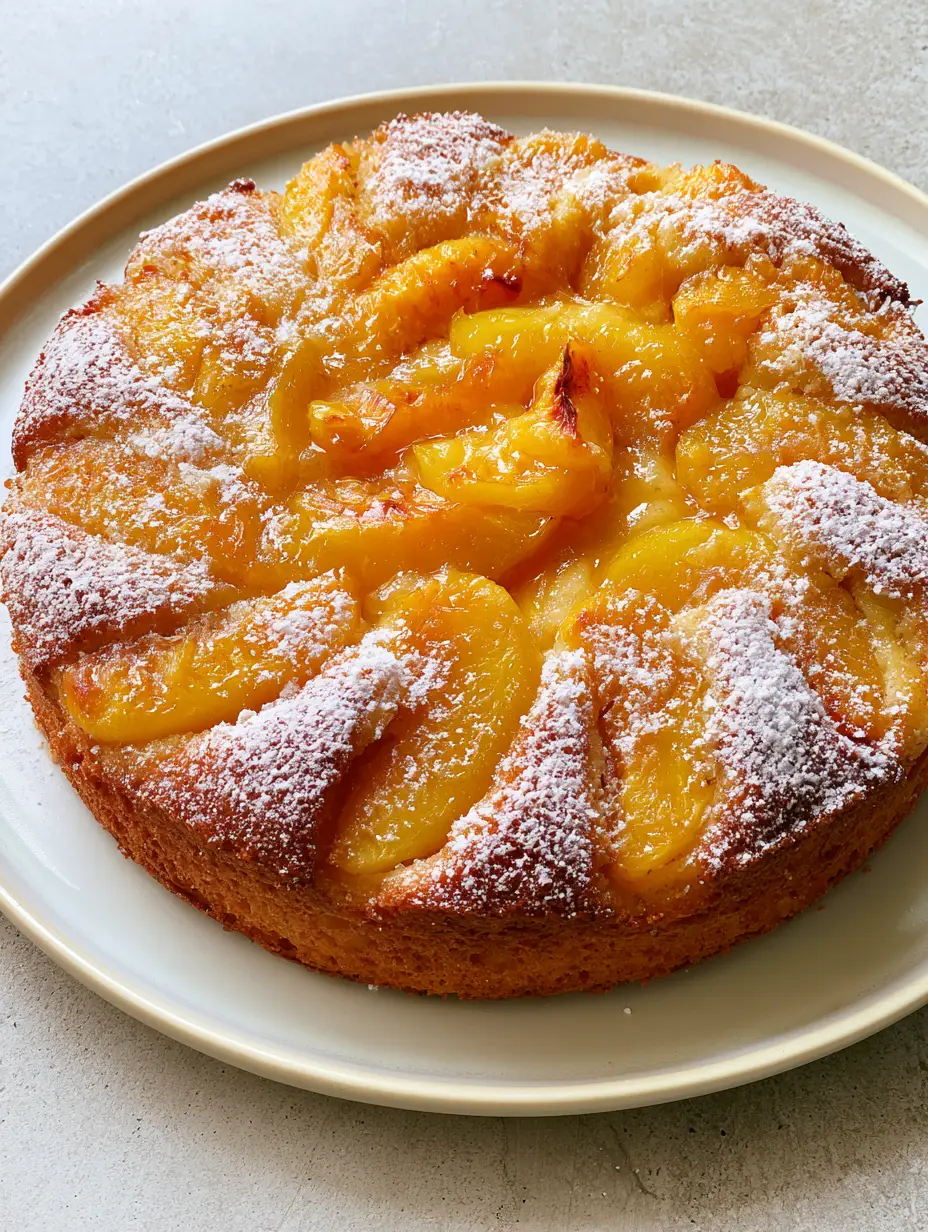 Fresh Peach Cake Recipe: A Rustic Summer Sponge with Caramelized Peaches 3 Overhead view of a Fresh Peach Cake Recipe with glistening orange-yellow juices and a fluffy sponge cake foundation.