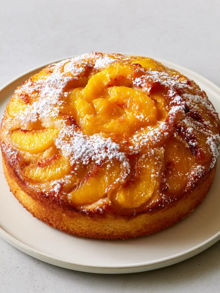 Fresh Peach Cake Recipe: A Rustic Summer Sponge with Caramelized Peaches 1 Handheld smartphone photo of a Fresh Peach Cake Recipe served on a gray concrete tabletop in natural daylight.