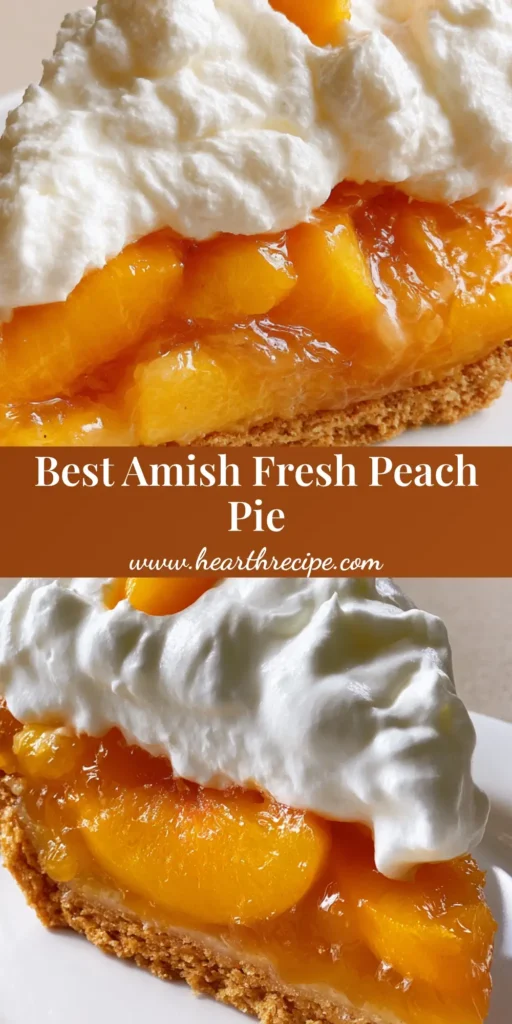 Amish Peach Pie: The Ultimate Fresh Summer Glaze Dessert 4 A close-up slice of Amish Peach Pie on a white plate showing the golden-brown graham cracker crust, glossy peach gel, and thick whipped cream.