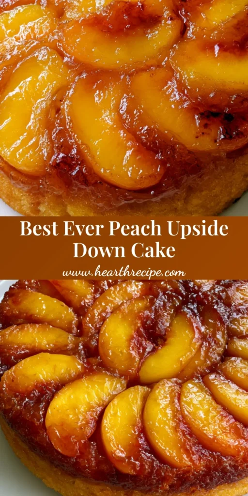 A round Peach Upside Down Cake on a white plate with concentric circles of caramelized yellow peaches and a thick amber glaze.