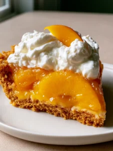 Detailed view of fresh orange peach slices suspended in a glossy translucent glaze (Amish Peach Pie).