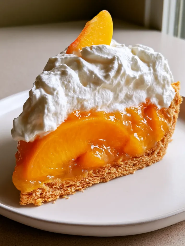Amish Peach Pie: The Ultimate Fresh Summer Glaze Dessert 1 Amish Peach Pie slice showing the thick whipped cream with soft peaks and a peach slice garnish.