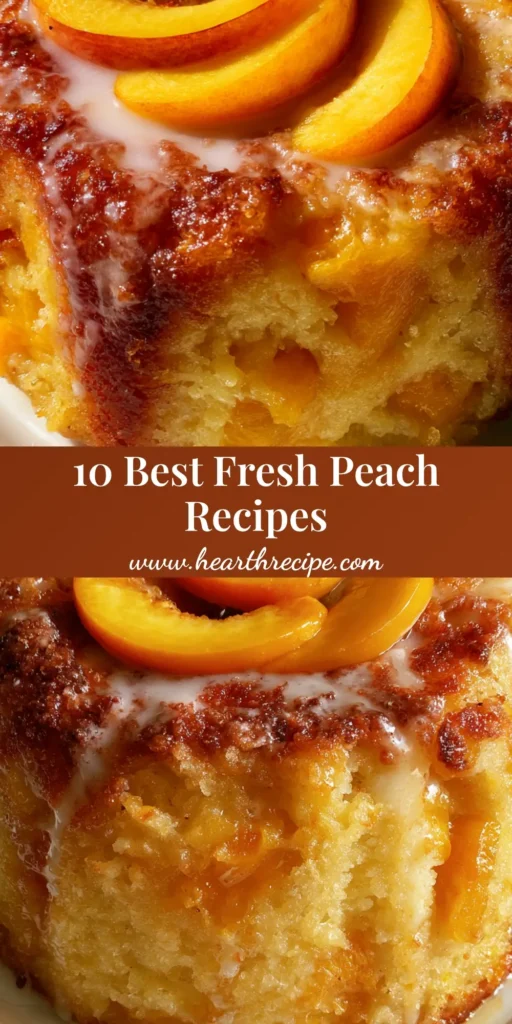A high-angle shot of a glazed peach pound cake with fresh peach slices on top on a white plate. (Fresh Peach Recipes)