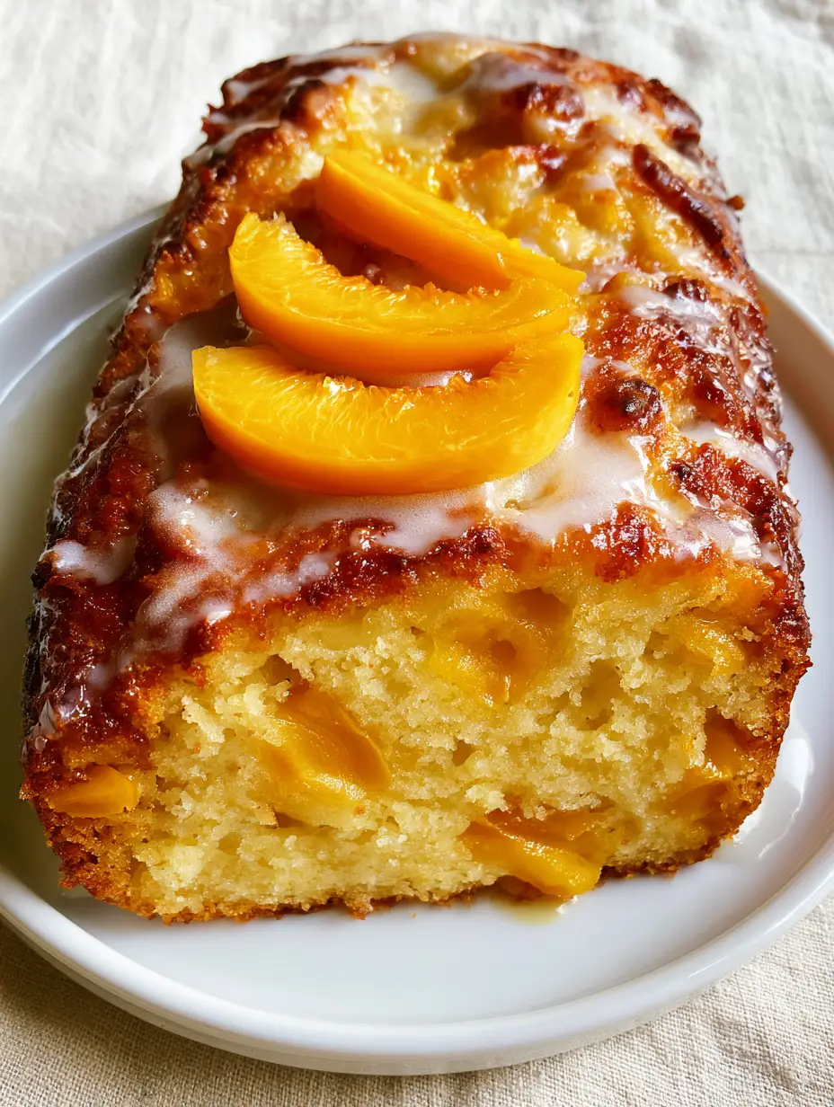Close-up of a moist peach pound cake showing the golden-yellow crumb and cooked peach chunks. (Fresh Peach Recipes)