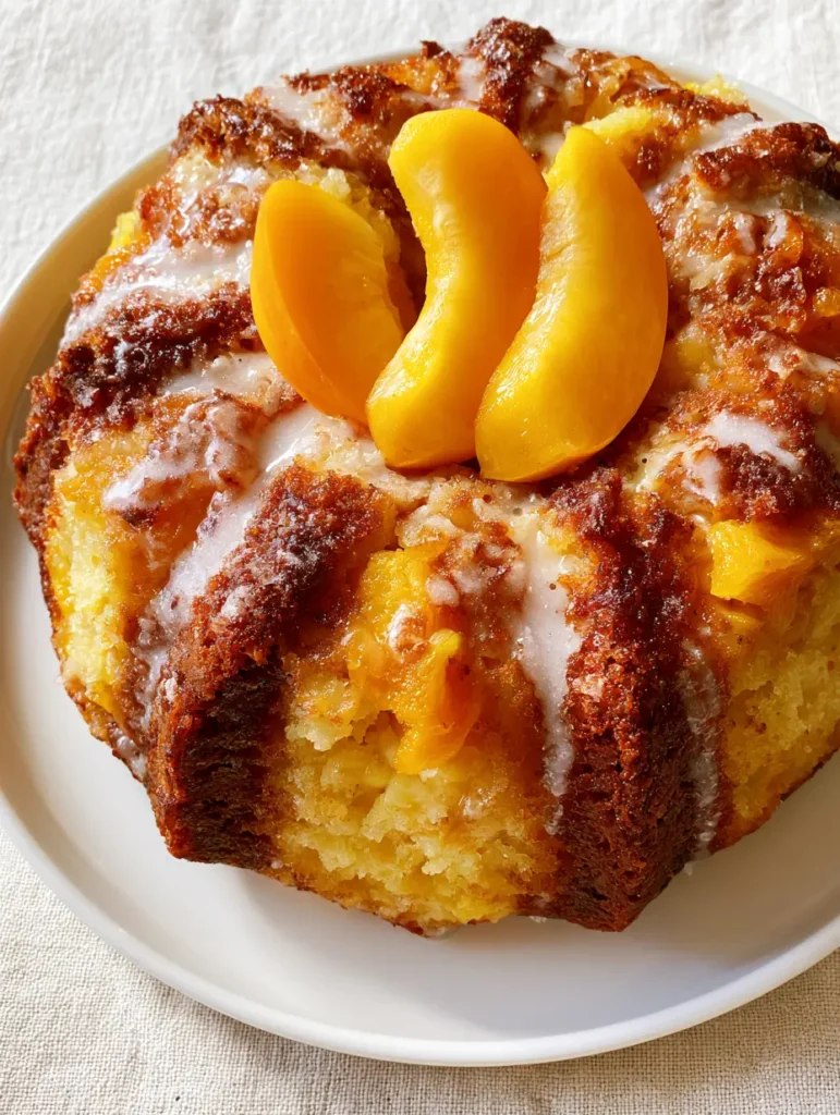 Detail of the caramelized golden-brown crust and translucent sugar glaze on a peach cake.