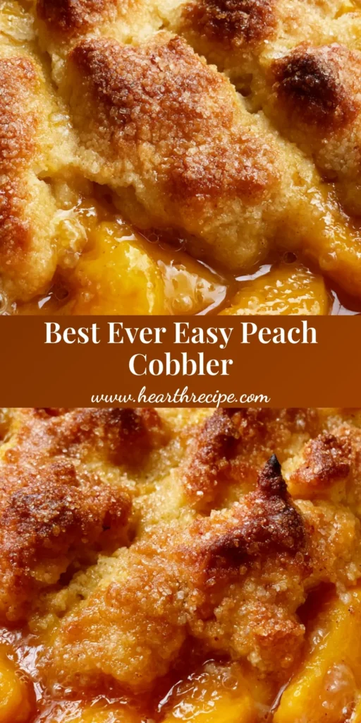 A handheld smartphone photo of an Easy Peach Cobbler Recipe in a white ceramic dish with golden jagged crust peaks and coarse sugar granules.