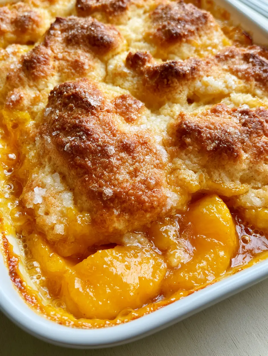 Close-up of thick orange peach slices in a translucent amber glaze under a rustic cobbler crust. (Easy Peach Cobbler Recipe)