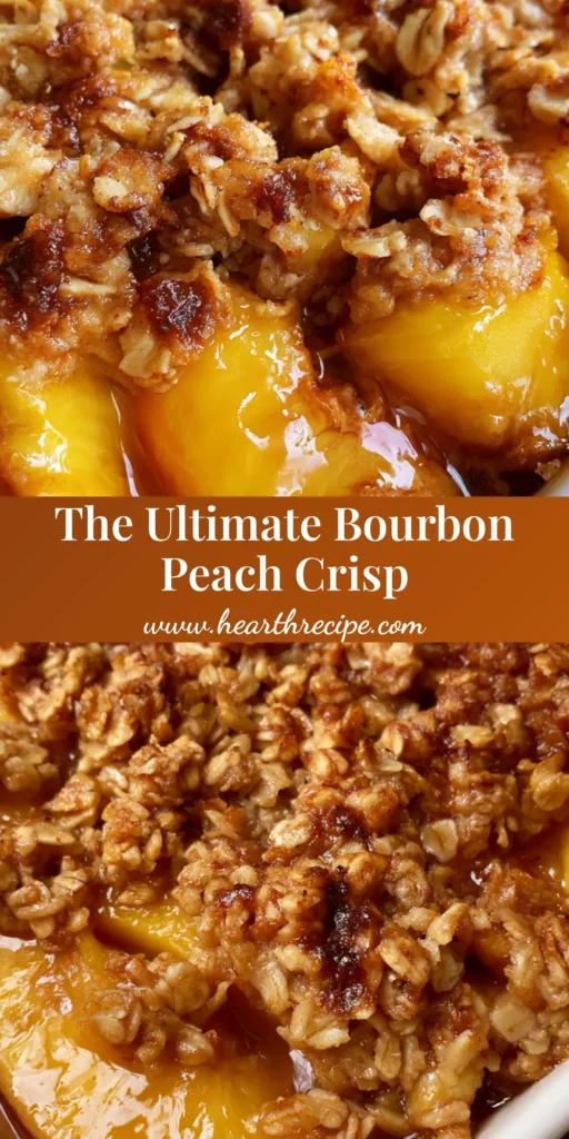 Bourbon Peach Crisp with Toasted Oat Crumble and Amber Glaze 4 A rustic white ceramic dish filled with bubbling Bourbon Peach Crisp, featuring thick-cut yellow peaches and a golden-brown toasted oat crumble.