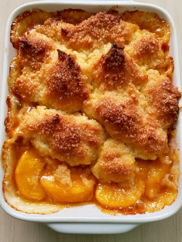 A white rectangular dish containing homemade peach cobbler on a light wooden table in natural daylight.