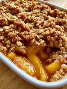 Close-up of thick-cut yellow peaches in a viscous amber bourbon glaze under a dense oat crust. (Bourbon Peach Crisp)
