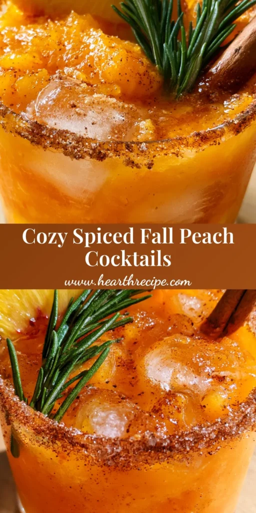 A vibrant orange Fall Peach Cocktail in a clear glass with a cinnamon sugar rim, rosemary sprig, and cinnamon stick garnish on a wooden surface.