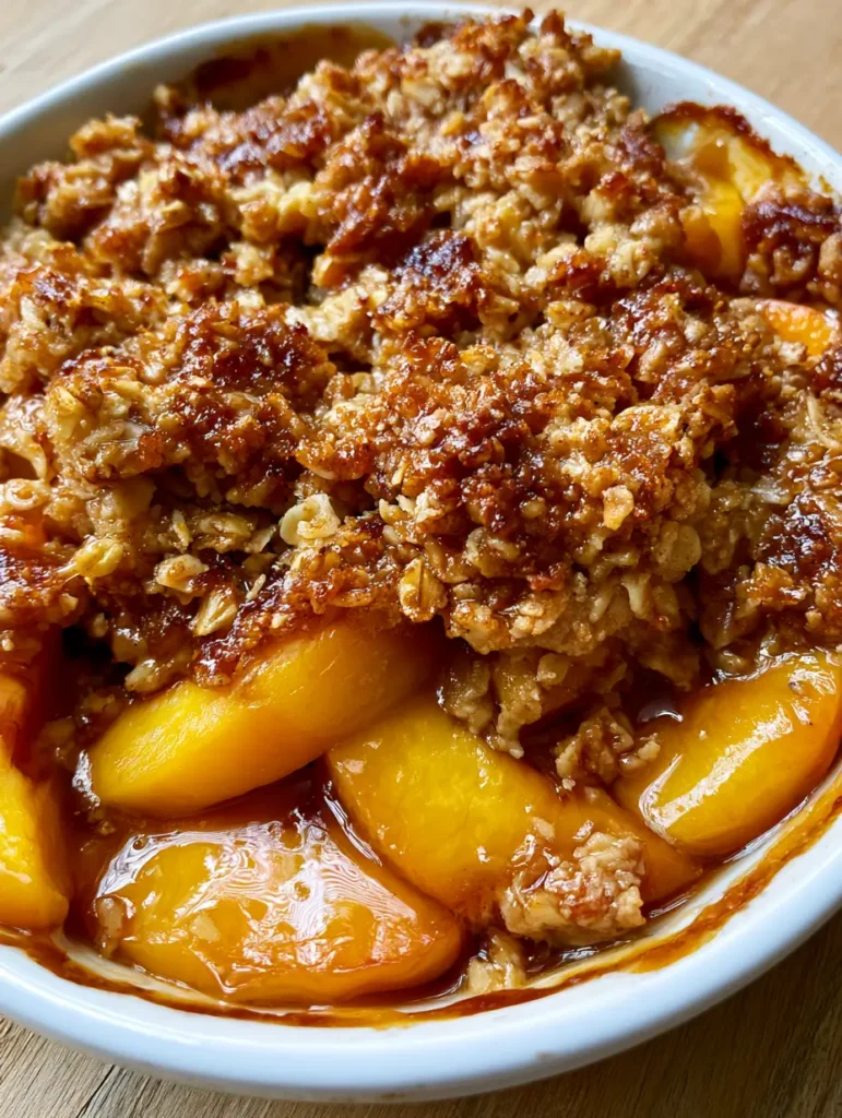 Bourbon Peach Crisp with Toasted Oat Crumble and Amber Glaze 1 A rustic view of a Bourbon Peach Crisp with toasted rolled oats and melted brown sugar pockets in a ceramic dish.