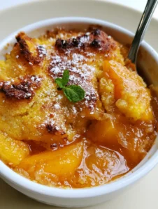 Close-up of translucent orange peach slices in glossy amber syrup inside a white ramekin. (Canned Peach Desserts)