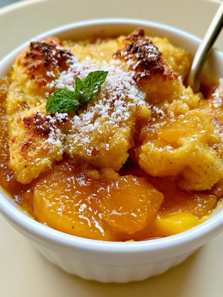 A silver spoon lifting a portion of warm peach cobbler crust and fruit. (Canned Peach Desserts)