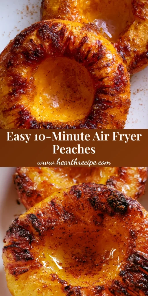 Two halved Air Fryer Peaches roasted to perfection with dark charred edges and a glistening cinnamon sugar glaze in a white bowl.
