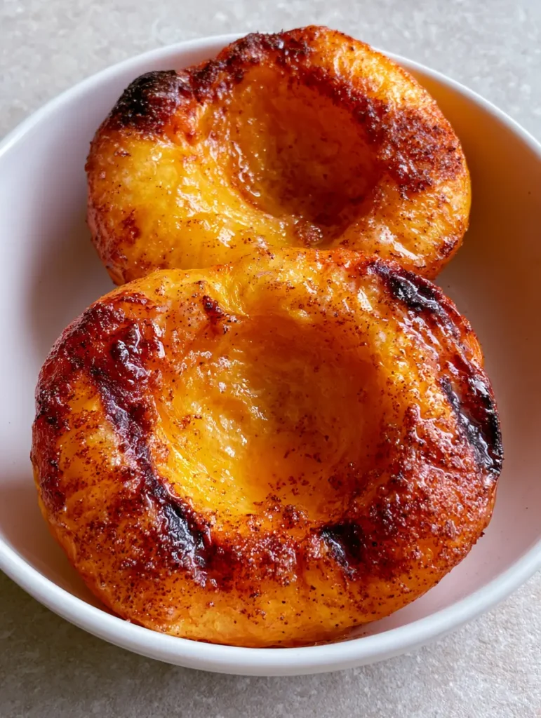 Smartphone photography of halved peaches roasted in an air fryer with visible melted butter glaze.