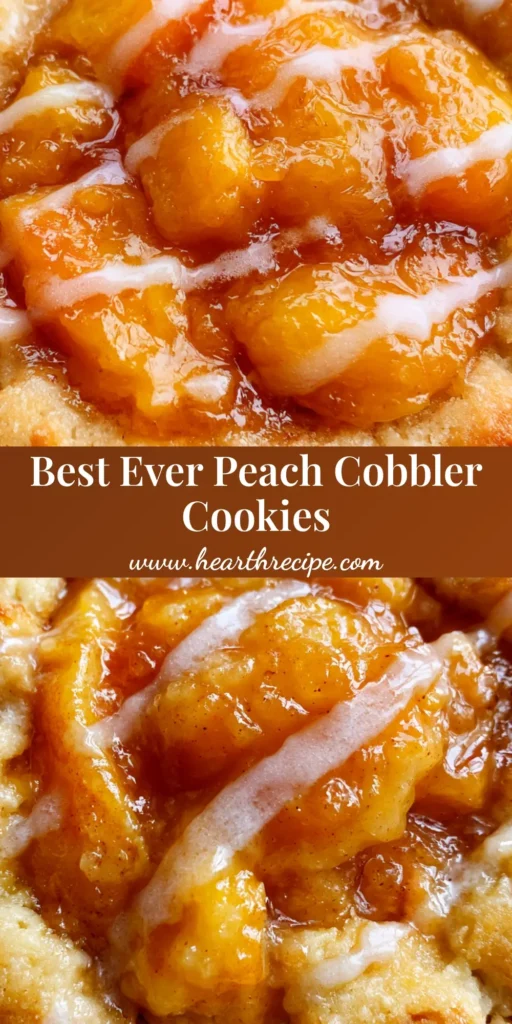 Peach Cobbler Cookies with Glistening Caramelized Peaches 5 A stack of thick Peach Cobbler Cookies with glistening amber peach centers and a zigzag vanilla icing drizzle on a rustic background.